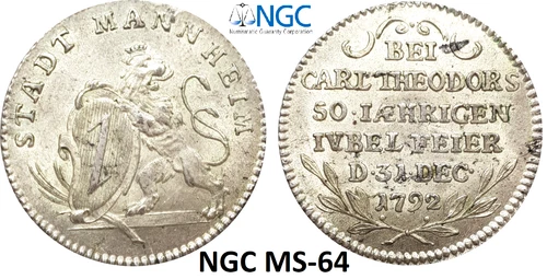 NGC Pfalz 1792 MS-64 Silver Unc Ducat Pattern Coin Germany Very Rare