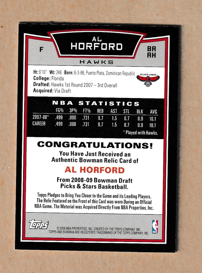 Al Horford 2008-09 UD Bowman relic card #BRAH Atlanta Hawks - Image 2 of 2