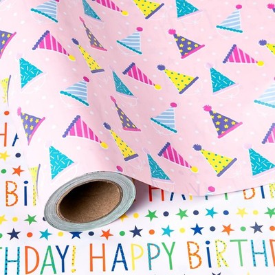 Birthday Wrapping Paper 17 Inch x 9.8 Feet Reversible Pink Happy Birthday