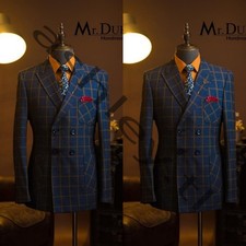 Check Men Suit Formal Business Peak Lapel Double Breasted Wedding Groom Tuxedo
