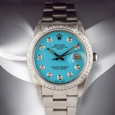 Rolex Date 34mm Ladies 1ct Baby Blue Diamond Dial Steel Oyster Watch 15000