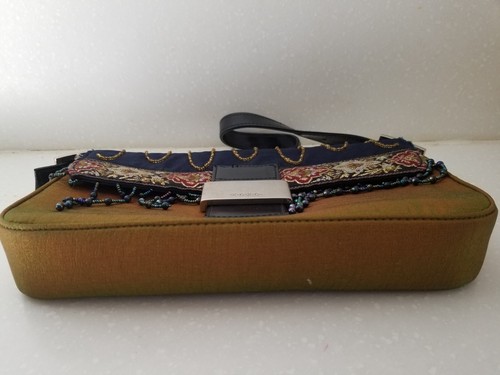 XOXO Shoulder Fabric Bag Purse Blue & Brown with Fringe & Tapestry Trim 11" x 6" - Picture 7 of 9