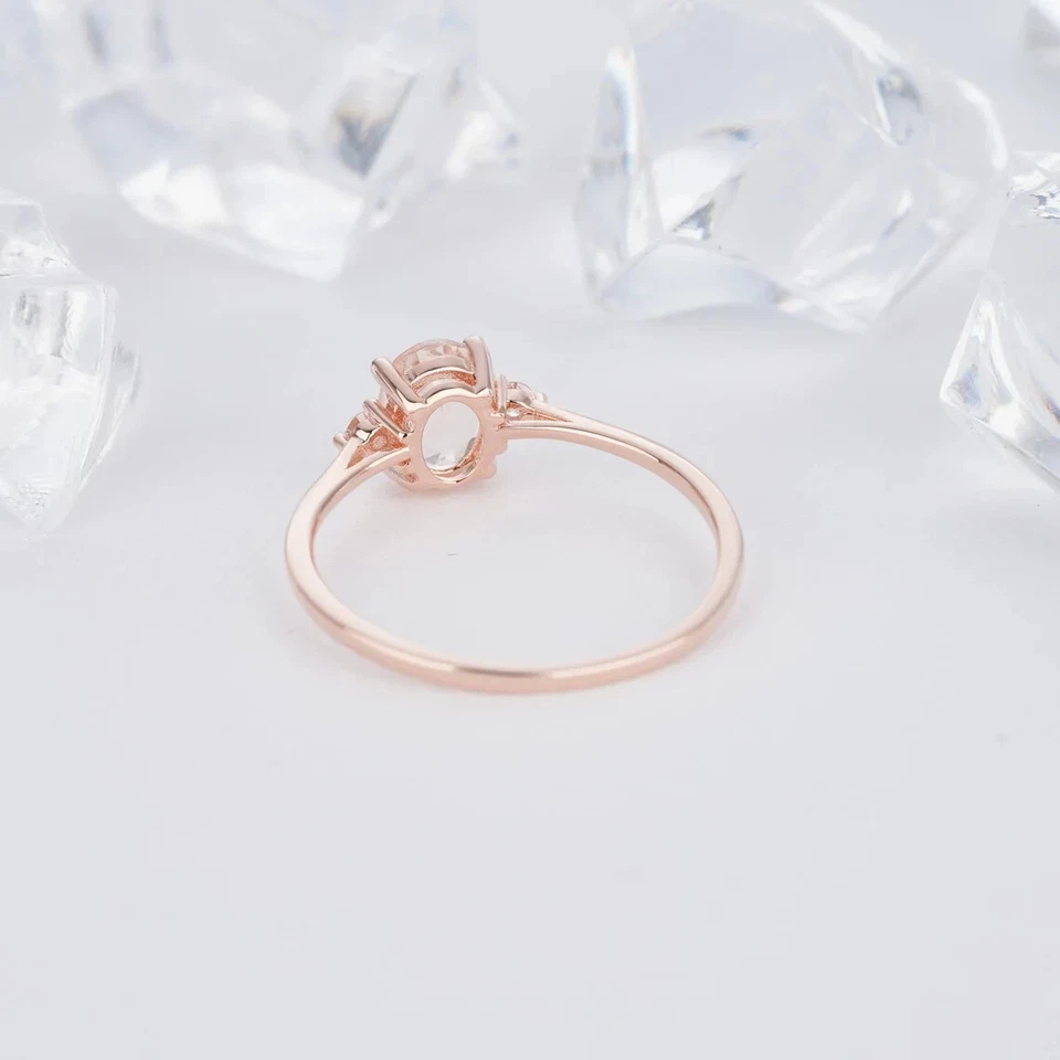1 Ct Oval Cut Lab-Created Peach Morganite Three Stone Ring 14K Rose Gold Plated - Image 4 of 4