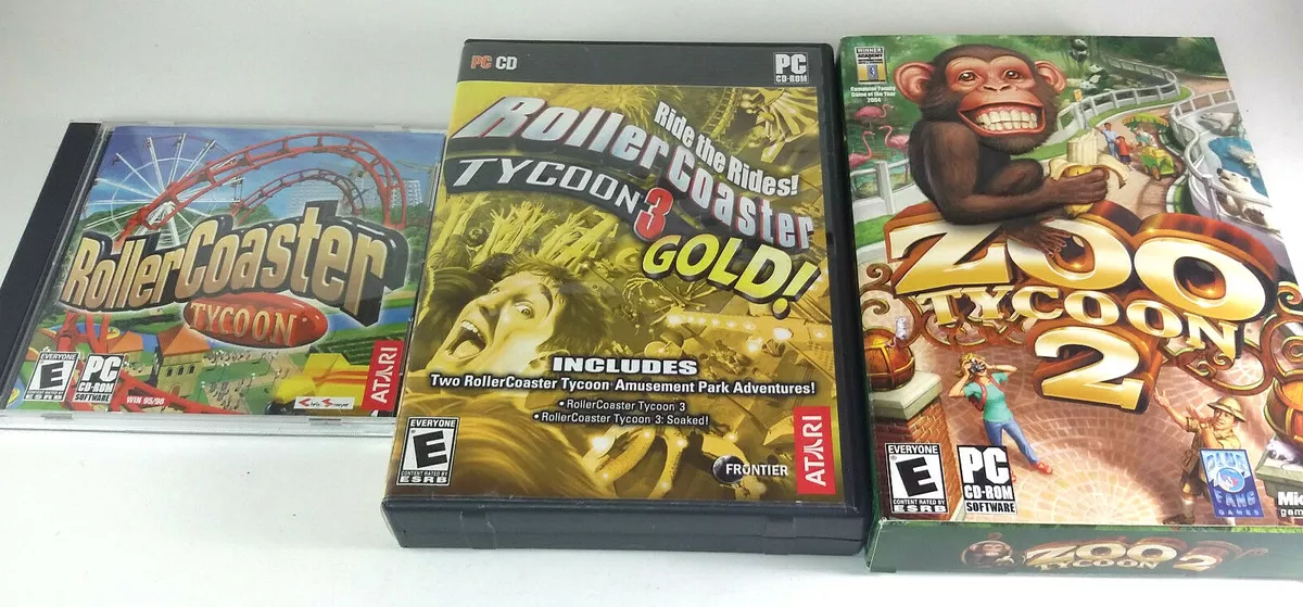 3-Game PC CD-ROM Lot Roller Coaster Tycoon, 3 Gold! (Soaked!) and Zoo  Tycoon 2