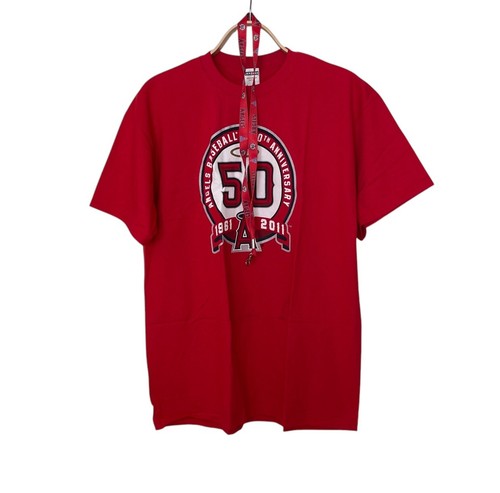 2011 MLB Angels Baseball 50TH Anniversary T-Shirt and Lanyard Red Mens XL