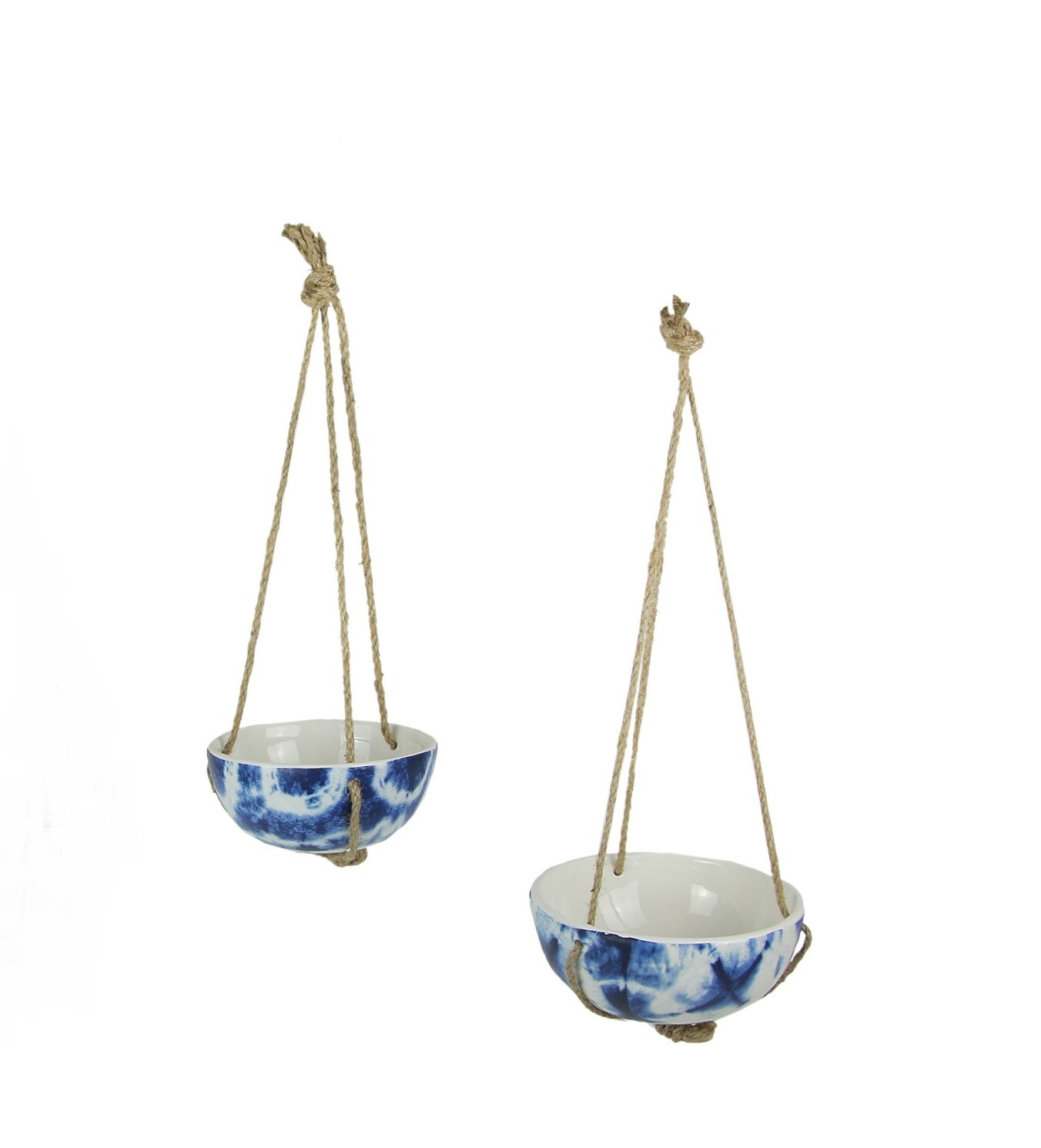 Set of 2 Blue and White Shibori Style Dyed Ceramic Hanging Mini Planters