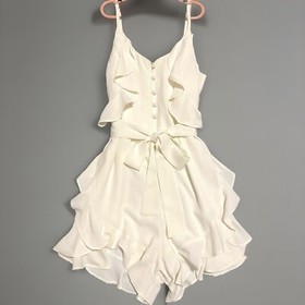 Blakely Ruffled Mesh Overlay Romper Women S Ivory Adjustable Straps One Piece