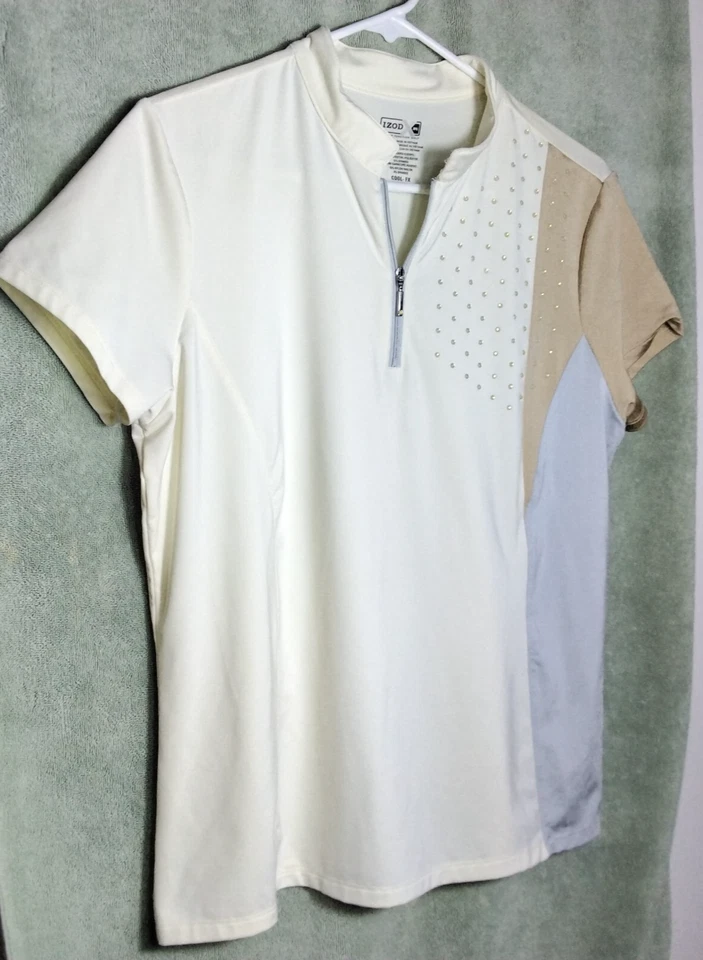 Top Polo Izod XFG Cool FX Mujer Talla L Perla Crema Estrás Cremallera Foto 2 de 4