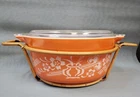 Vintage Pyrex Orange Dynasty 2.5 Qt Casserole w/ Lid & Bamboo Cradle 1970s Rare