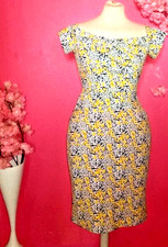 WOMEN YELLOW FLORAL RUCHED SHORT SLEEVE BODYCON MIDI DRESS ( SIZE L )