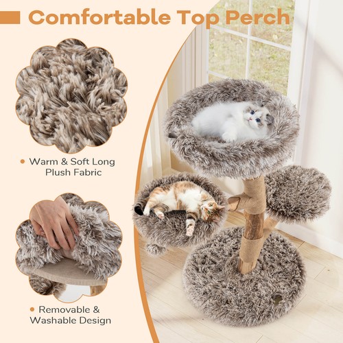 Modern Cat Tree w/Pear Wood Trunks Scratching Posts Soft Long Plush Fabric - Picture 9 of 9