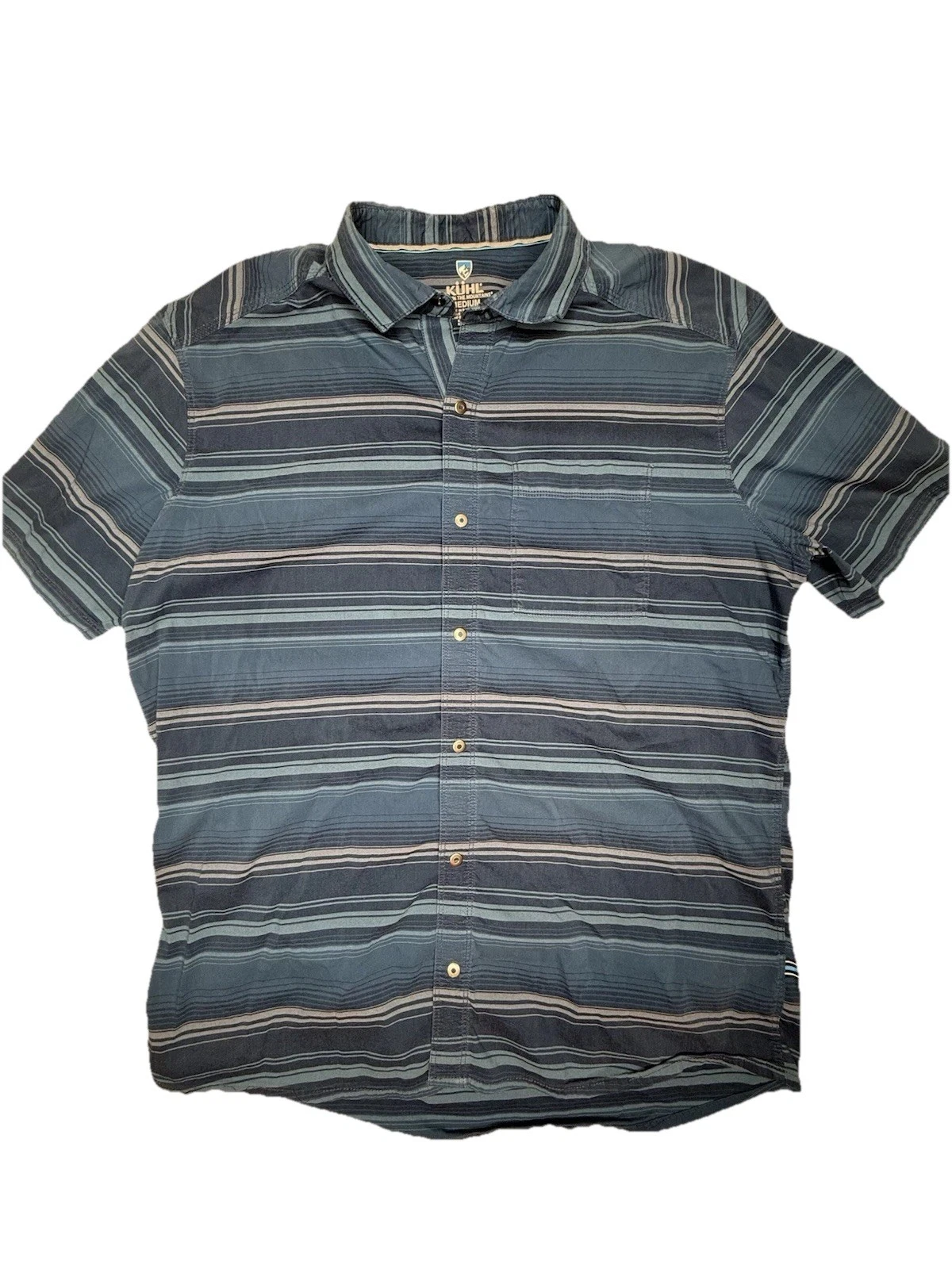 KÜHL BITM Short Sleeve Push Button Up Blue Striped Pattern Medium Hike Mountain