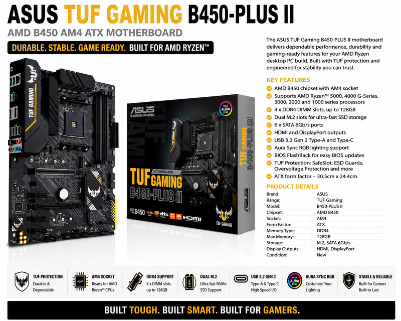 ASUS TUF Gaming B450-PLUS II AM4 ATX Motherboard DDR4 HDMI M.2 USB-C