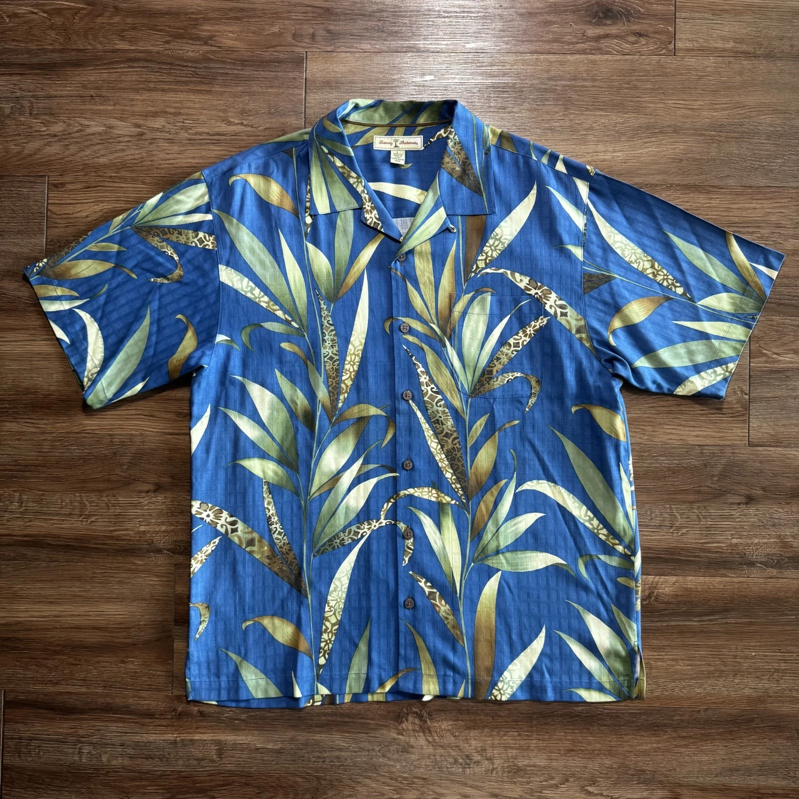 Tommy Bahama Hawaiian Shirt Mens Large L Blue Green Bamboo Palm Leaf 100% Silk