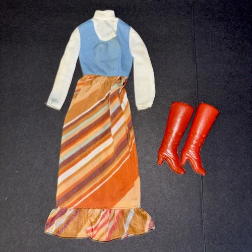 1977 Vintage Barbie Doll Best Buy #9622 Maxi Dress Blue & Brown Striped & Boots