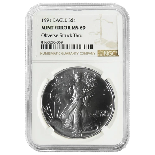 1991 $1 1-oz American Silver Eagle NGC MS69 Mint Error Obverse Strike Thru