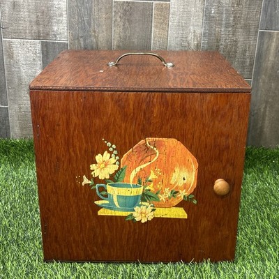 Vintage MCM Wood Bread Box Tea Cup Decal Roll Top Kitchen Cabinet 1970s