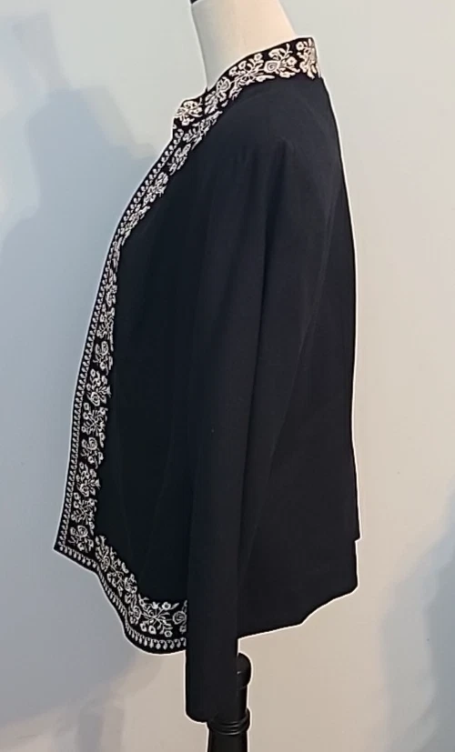 Blazer Jessica Howard 16 Petite Negro Beige Lino Bordado Chaqueta Boho Otoño Foto 3 de 4