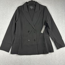 Haute Monde Blazer Womens L Black Double Breasted Lined Stretch Jacket Work NWT