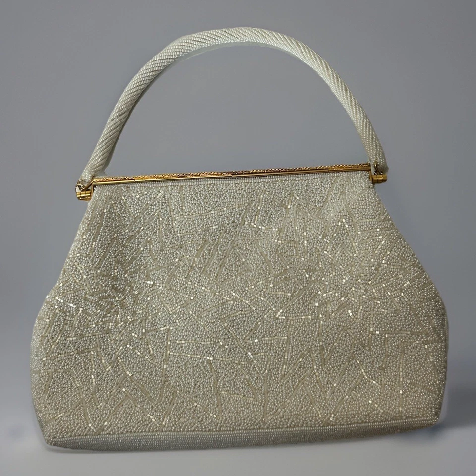 "Bolso de noche vintage de cuentas blancas con cierre festoneado hecho a mano Hong Kong 7"x 10""" Foto 2 de 4