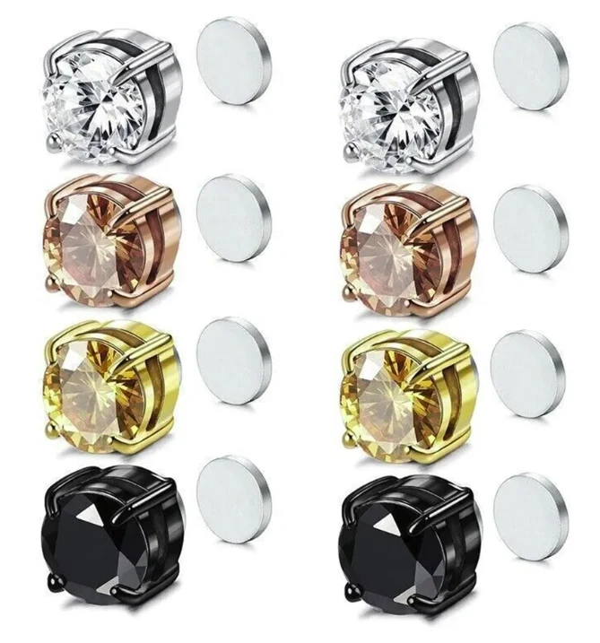 Magnetic Cubic Zirconia Stainless Steel Stud Earrings Mens Womens Non-Piercing - Image 3 of 4