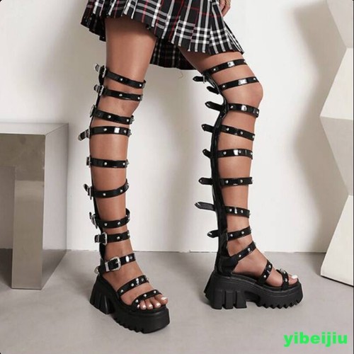 Damen Gladiator Schnallen Sommer Overknee Sandalen Stiefel High Heel Plateau Schuhe - Bild 15 von 18