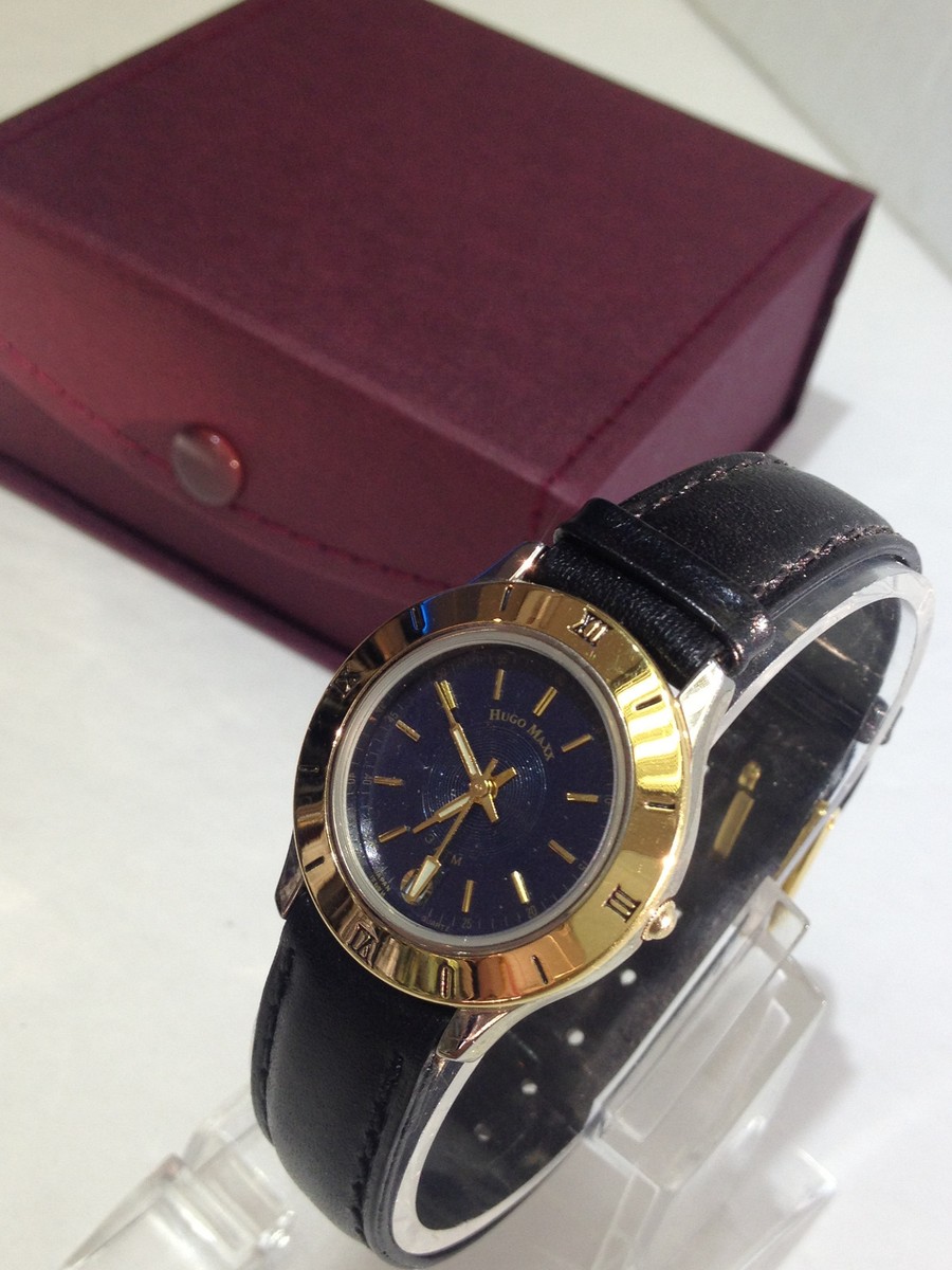 HUGO MAXX ITALY 18KT GOLD PL SHOCK WATER RESIST LADIES DATE WATCH BLACK  STRAP