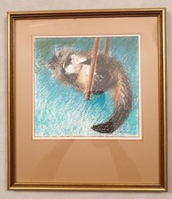 Vintage Framed Pastel Painting of a Cat on a Swing Signed Robine 1991 Whitstable