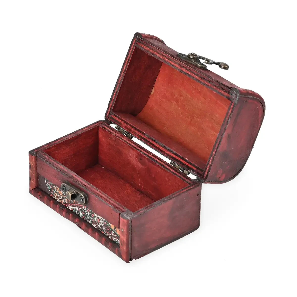 Set of 3 Brown Wooden and Multi Color Paisley Pattern Faux Leather Nesting Treas