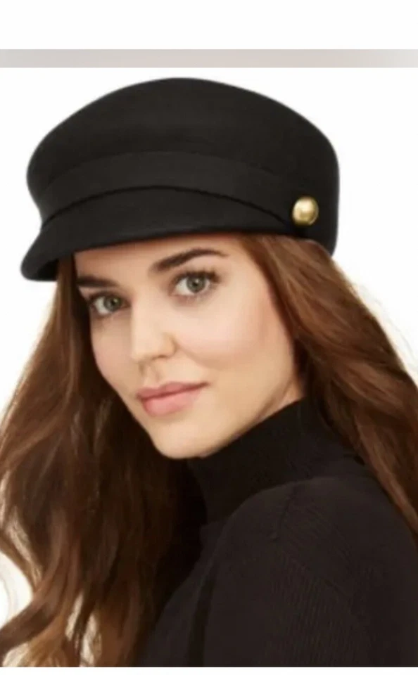 Gorra de noticiero Nine West negra de fieltro de lana de diseñador con detalles dorados Foto 2 de 4