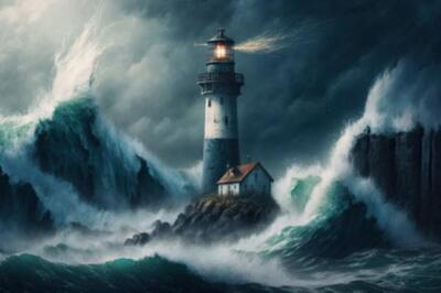 Wandbild: Donner, Blitz und hohe Wellen umgeben einen Leuchtturm in dieser [...]