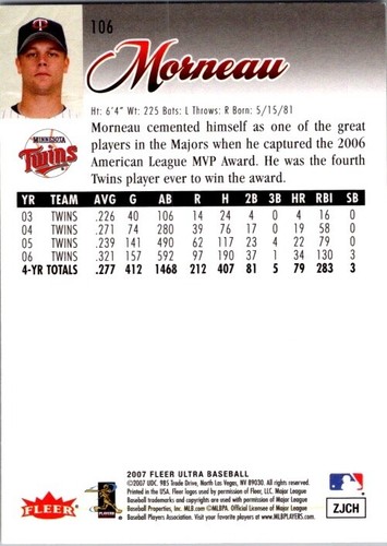 2007 Fleer Ultra - Justin Morneau #106 - Picture 2 of 2