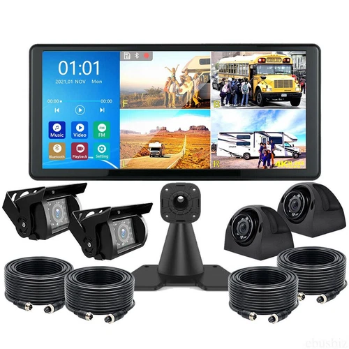 10.36" IPS Quad Monitor DVR 4 Backup Camera Multi Media For Truck Trailer RV Bus