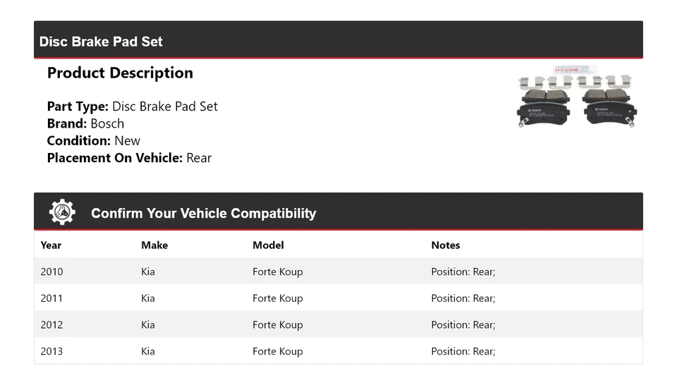 Pastilhas de freio traseiras de cerâmica 2011 2012 para 2010-2013 Kia Forte Koup Bosch QuietCast - Imagem 2 de 4
