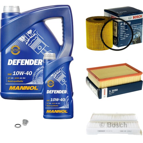 BOSCH Inspektionspaket 6L MANNOL Defender 10W-40 für Peugeot 307 1.6 16V