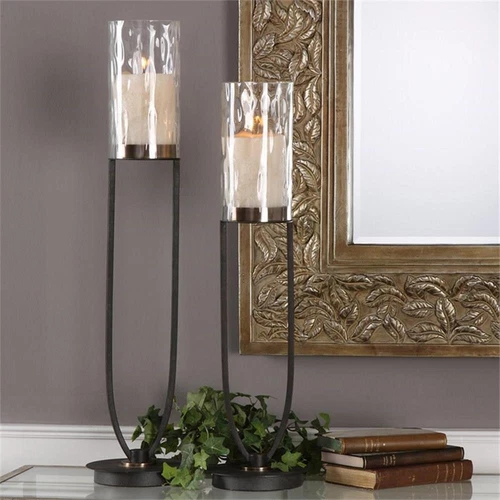 Uttermost Durga 2-Piece Metal and Glass Candle Holder Set in Matte Black/Beige - Picture 2 of 2