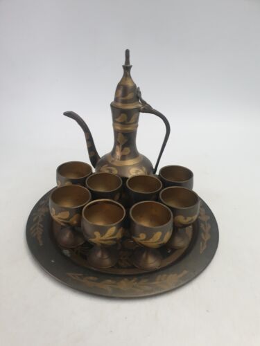 Indian Brass Dallah Decorative Coffee Pot Ewer Footed Cups On Tray Floral 10PC - Picture 1 of 12