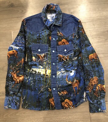 Flannel and Denim Button Down Girls Medium Hunting Deer Elk Mountains (B1)