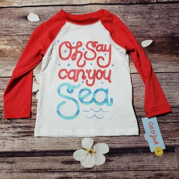 Cat & Jack ~ Toddler Size 2T ~ "Oh Say Can You Sea" ~ Swim ~ Rash Guard Shirt image 2
