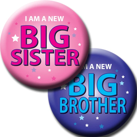 BONGO BADGES NEW BABY SISTER/BROTHER PIN BADGES - IDEAL GIFT FOR OLDER SIBLINGS - 58mm -