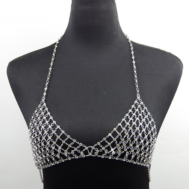 Club Party Sparkly Crystal Rhinestone Metal Chainmail Halter Draped Bra
