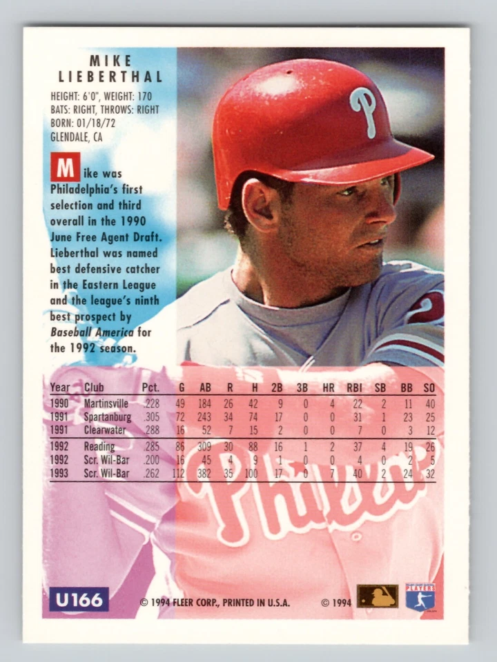 1994 Fleer Update - Mike Lieberthal #U166 - Image 2 of 2