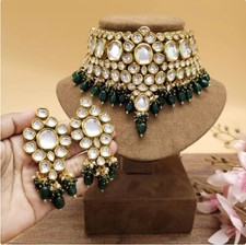 Emerald Necklace Set Gold Plated Choker Indian Kundan Jewelry Bollywood Earrings