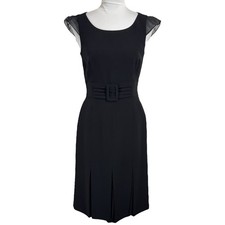 Tahari ASL Black Sheath Dress Size 2 Buckle Belt Silk Pleated Cocktail Party LBD