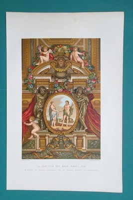 VERSAILLES Hall of Mirrors Meeting of Two Seas by Le Brun  - 1882 COLOR Print