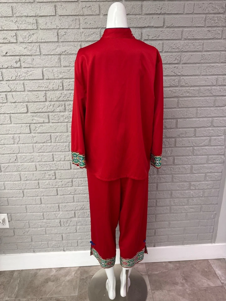Conjunto de ropa de dormir de salón pantalón floral estilo oriental satinado rojo para mujer cabaret talla M Foto 2 de 4