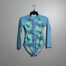 Cat  Jack Kids Girl Blue/Green Leaf Rashguard One Piece Swimsuit size XL14.