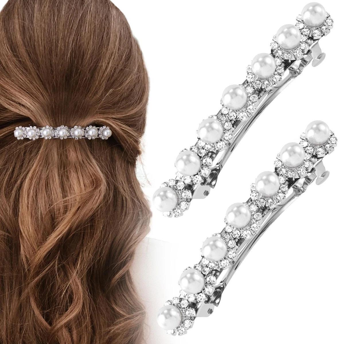Pearl Silver Bridal Hair Barrettes for sale | eBay