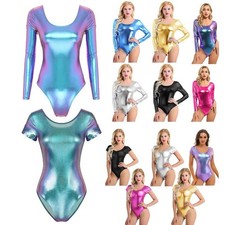 Womens Shiny Metallic Short/Long Sleeve Ballet Dance Leotard Bodysuit Dancewear