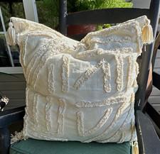 Set of 2 Beige Cotton Textured Square Throw Pillow Covers w/ Tassels Boho